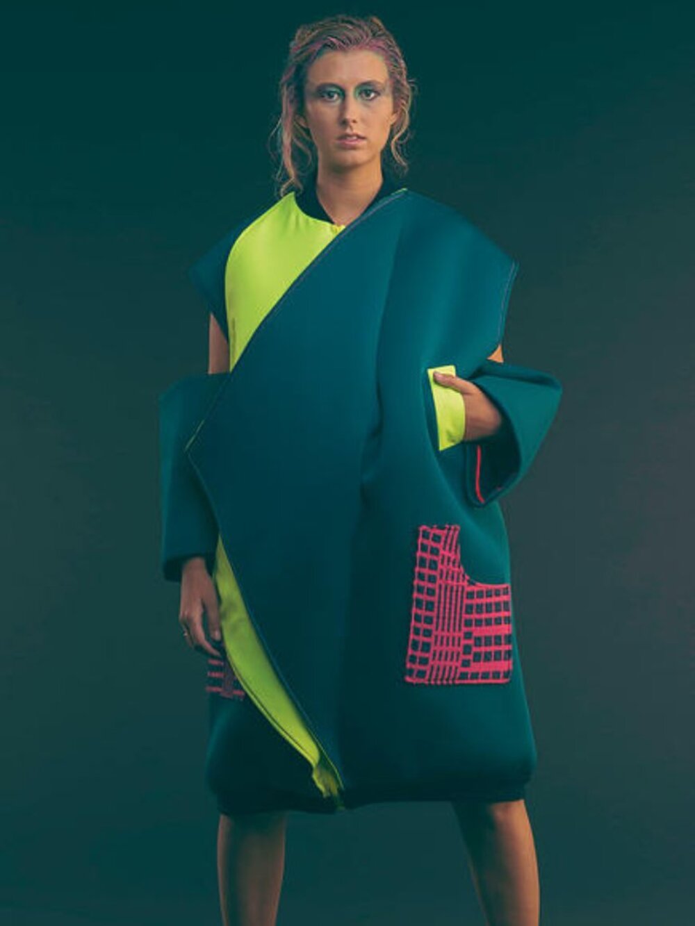 Neoprene Oversized Bomber Jacket in Dark Teal and Neon Yellow